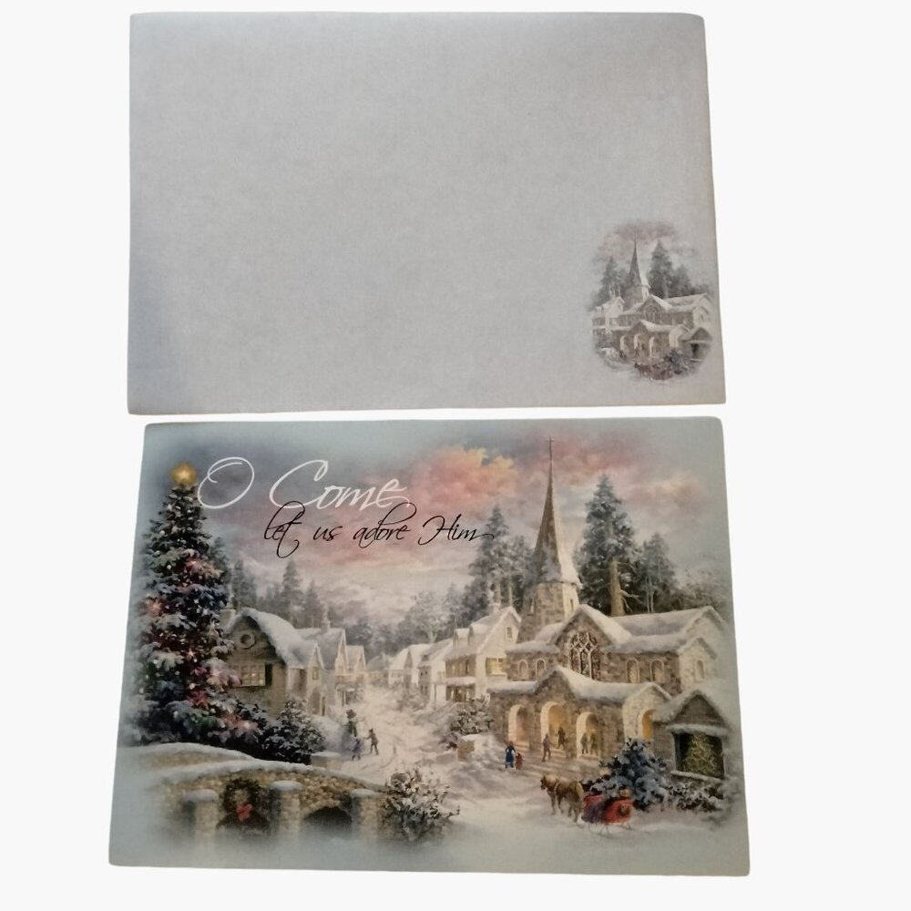 Christmas Greeting Card O Come Let us Adore Him Village Bible Verse Luke 2 14